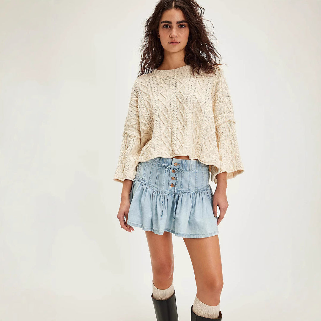 Heidi-Mode | Hoch Taillierter A-Linien Rock aus Jeans mit Falten