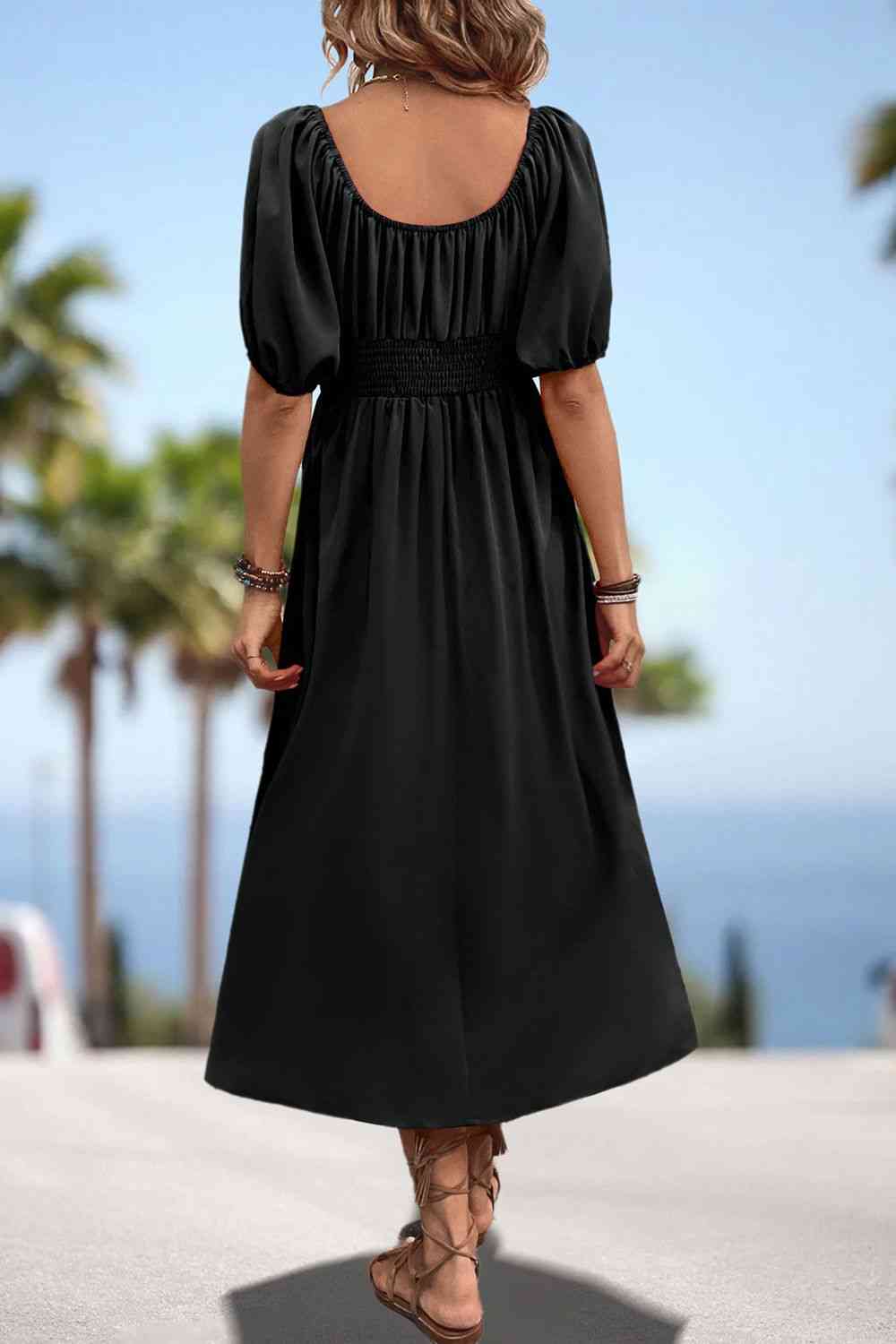 Heidi-Mode | Quadrat-Ausschnitt Geraffte Taille Puffärmeln Midi Kleid