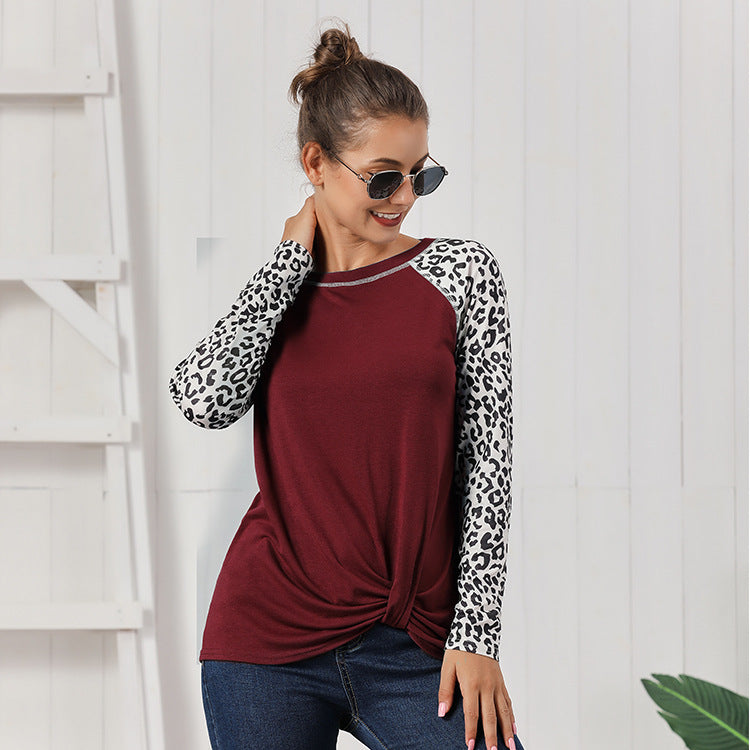 Damen Oberteil mit modischem Leopardenärmeln und lässigem Knoten-Design Heidi-Mode