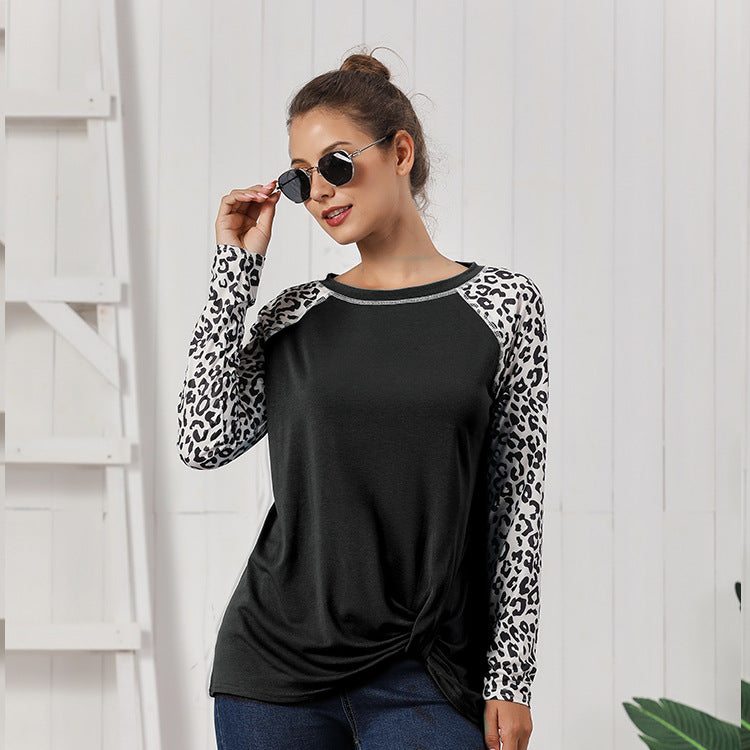 Damen Oberteil mit modischem Leopardenärmeln und lässigem Knoten-Design Heidi-Mode