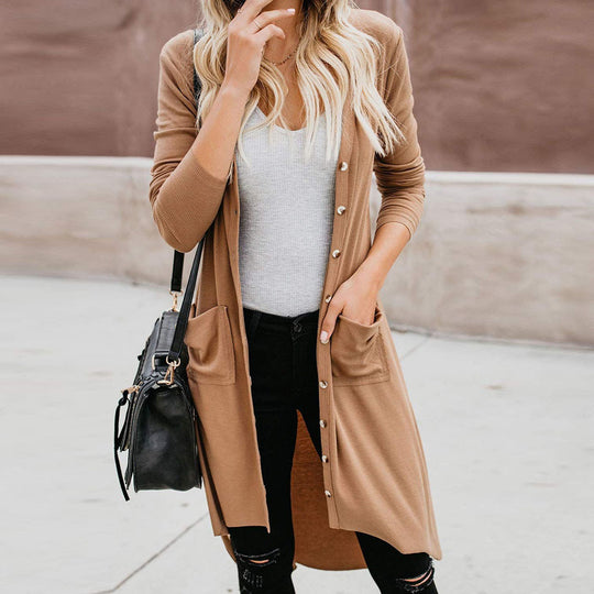 Damen Longstrickjacke mit Knopfdetails und praktischen Taschen Heidi-Mode
