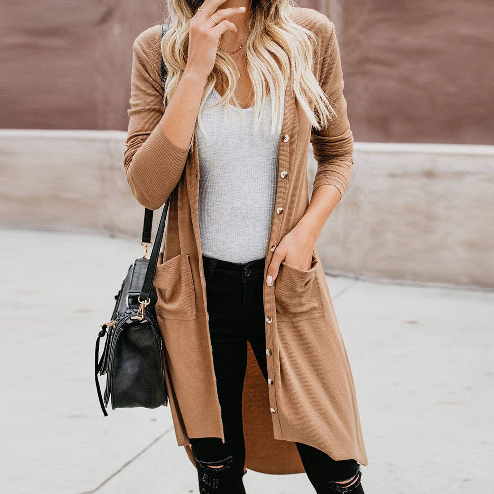 Damen Longstrickjacke mit Knopfdetails und praktischen Taschen Heidi-Mode