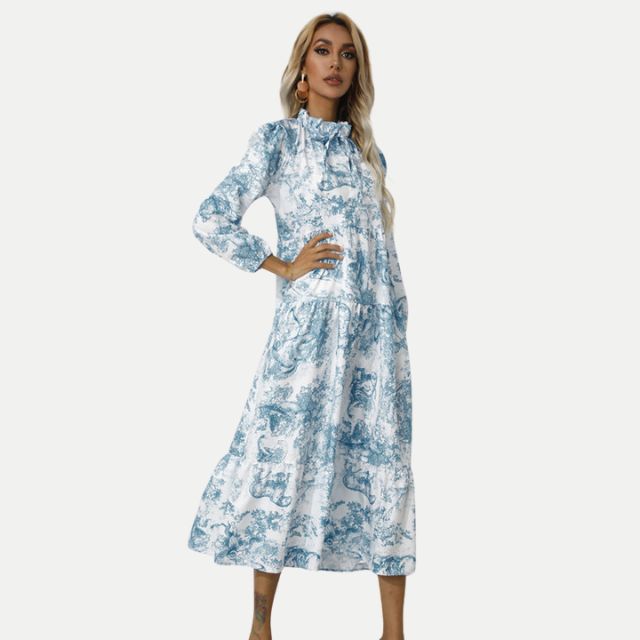 Toile-Druck Midi-Kleid mit hohem Kragen