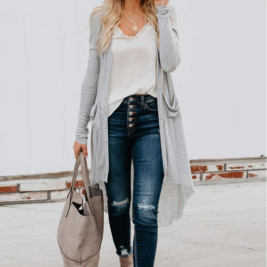 Damen Longstrickjacke mit Knopfdetails und praktischen Taschen Heidi-Mode