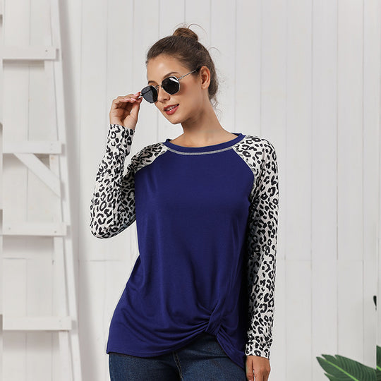 Damen Oberteil mit modischem Leopardenärmeln und lässigem Knoten-Design Heidi-Mode