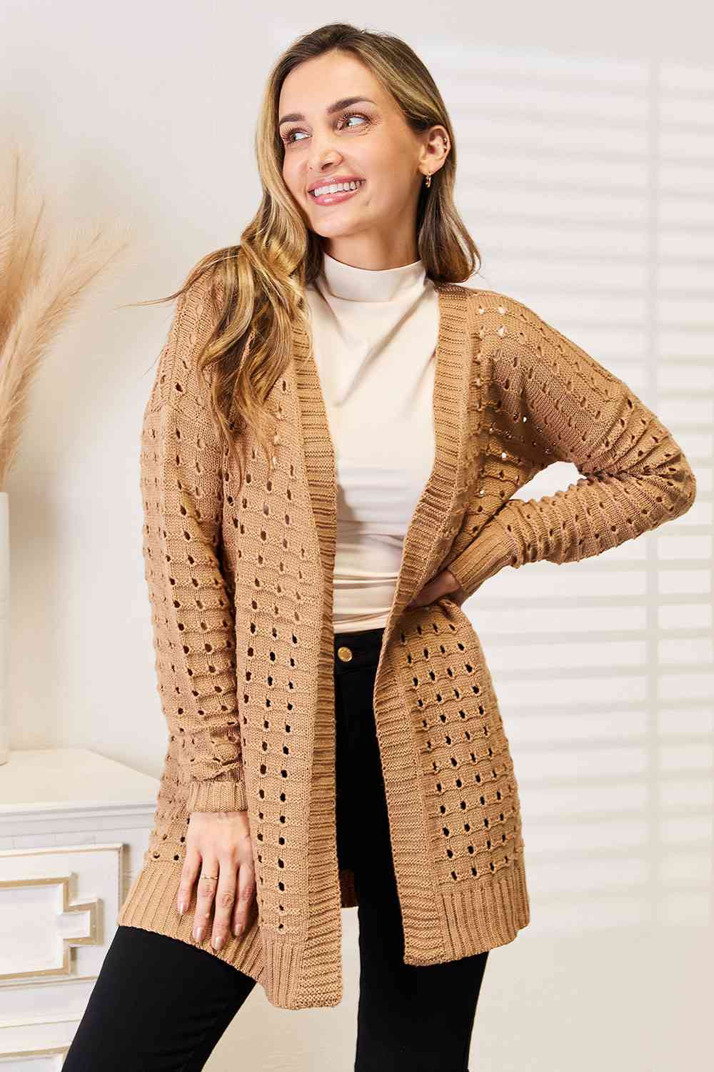 Heidi-Mode | Gewebter Rechte Offene Horizontal Rippung Offene Vorder Cardigan