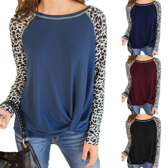 Damen Oberteil mit modischem Leopardenärmeln und lässigem Knoten-Design Heidi-Mode