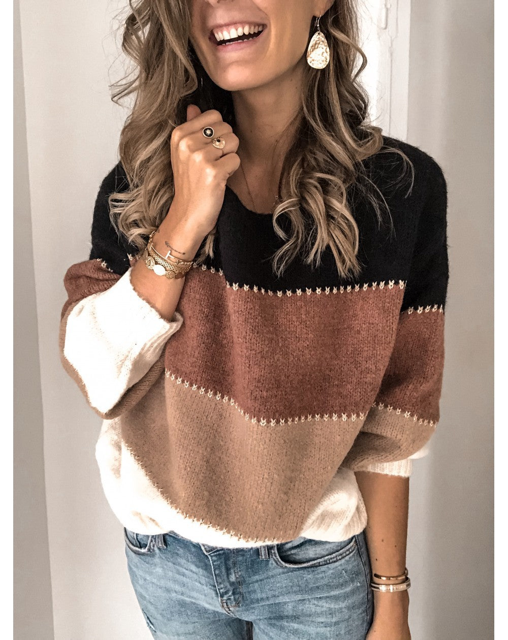 Damen bequemer Strickpullover mit modischem Farbmix Heidi-Mode