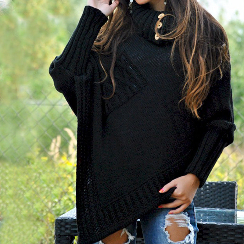 Damen modischer Strickpullover mit hohem Kragen und dekorativen Knöpfen Heidi-Mode