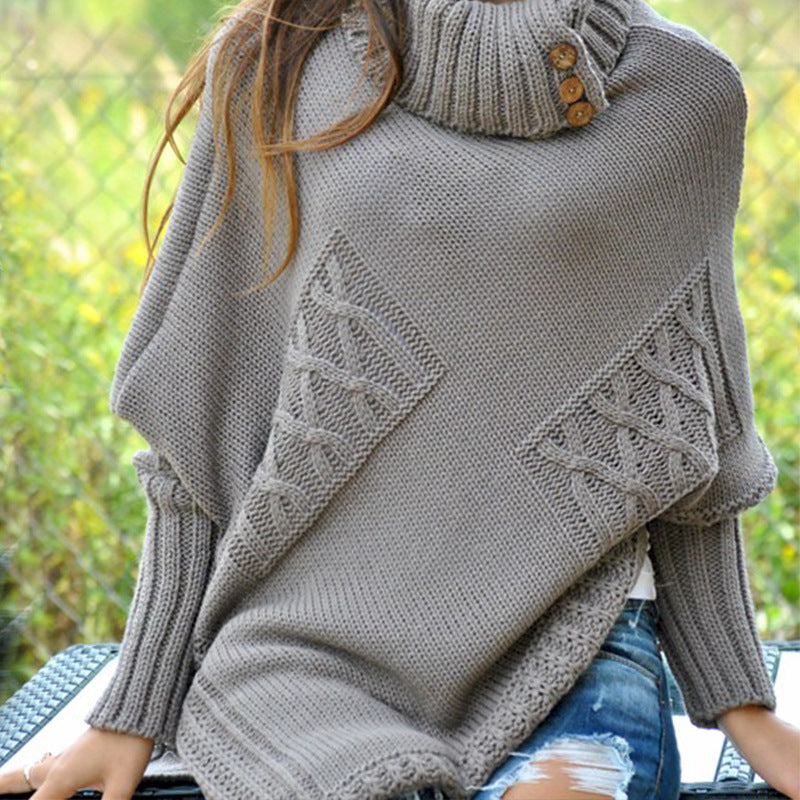 Damen modischer Strickpullover mit hohem Kragen und dekorativen Knöpfen Heidi-Mode