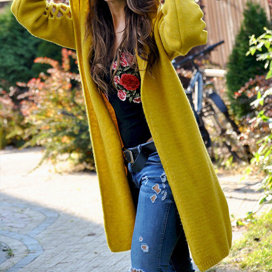 Damen gemütlicher Strickmantel mit offenen Ärmeln und aufregendem Lochdesign Heidi-Mode
