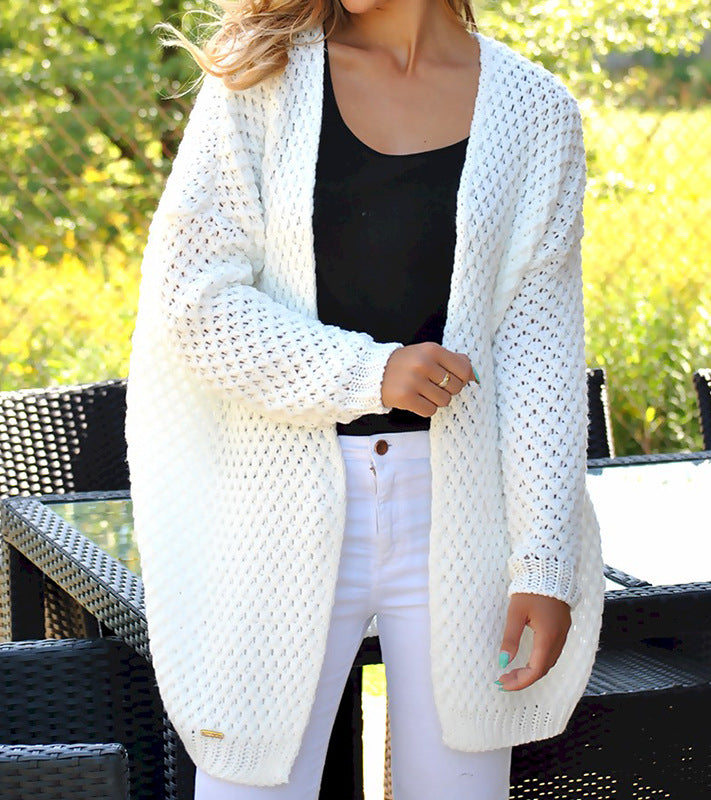 Damen Strickjacke mit modernem Lochmuster und offener Front Heidi-Mode