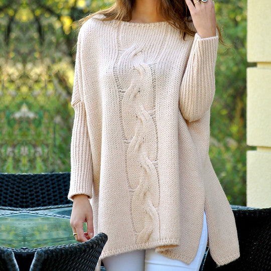 Damen Grobstrickpullover mit romantischem Zopfmuster und weitem Schnitt Heidi-Mode