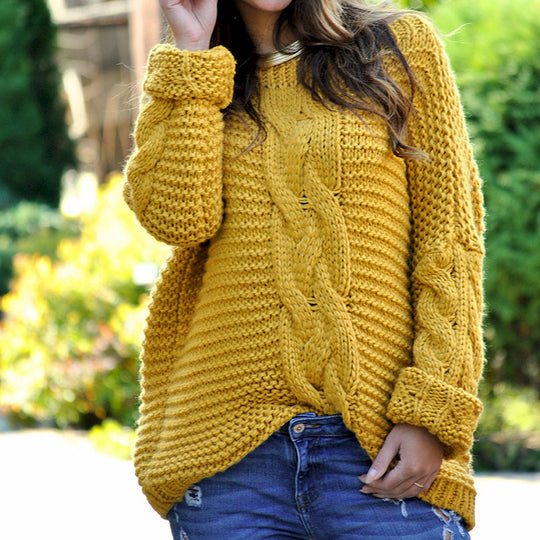 Damen Kuscheliger Strickpullover mit strukturiertem Zopfmuster und voluminösen Ärmeln Heidi-Mode