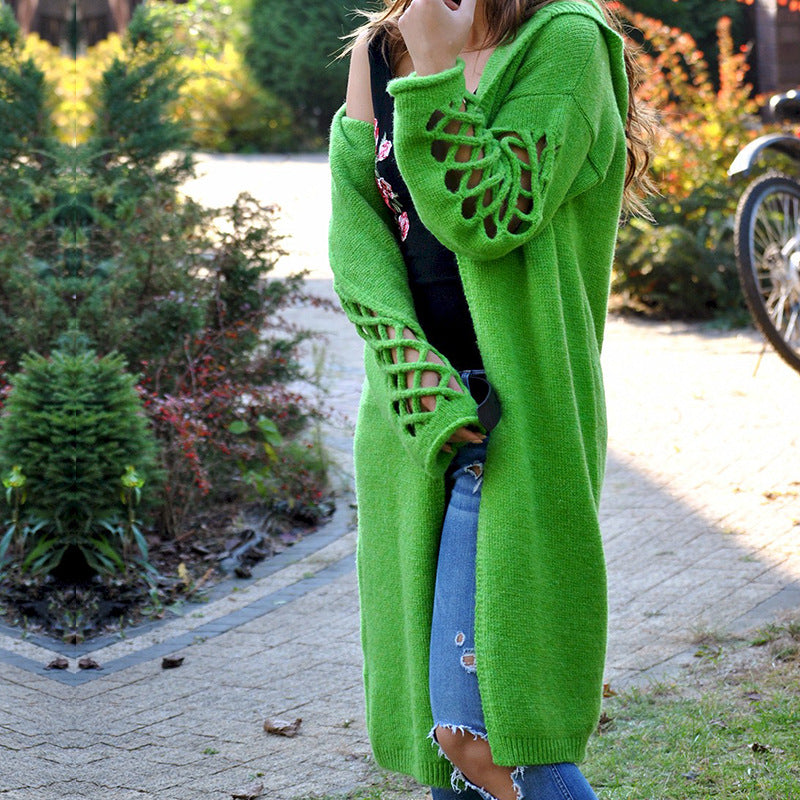 Damen gemütlicher Strickmantel mit offenen Ärmeln und aufregendem Lochdesign Heidi-Mode