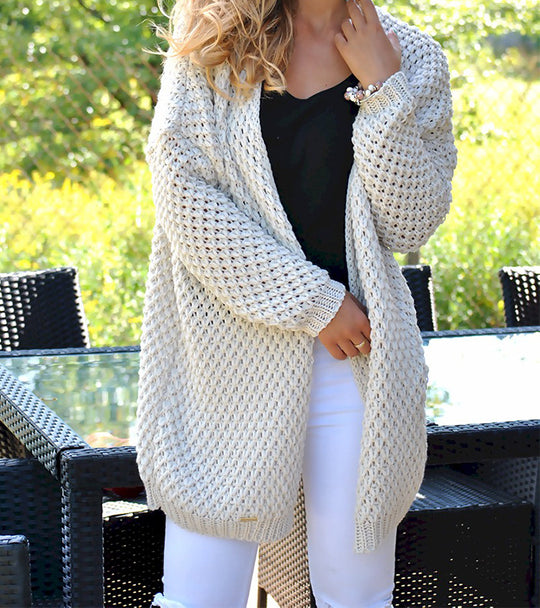 Damen Strickjacke mit modernem Lochmuster und offener Front Heidi-Mode