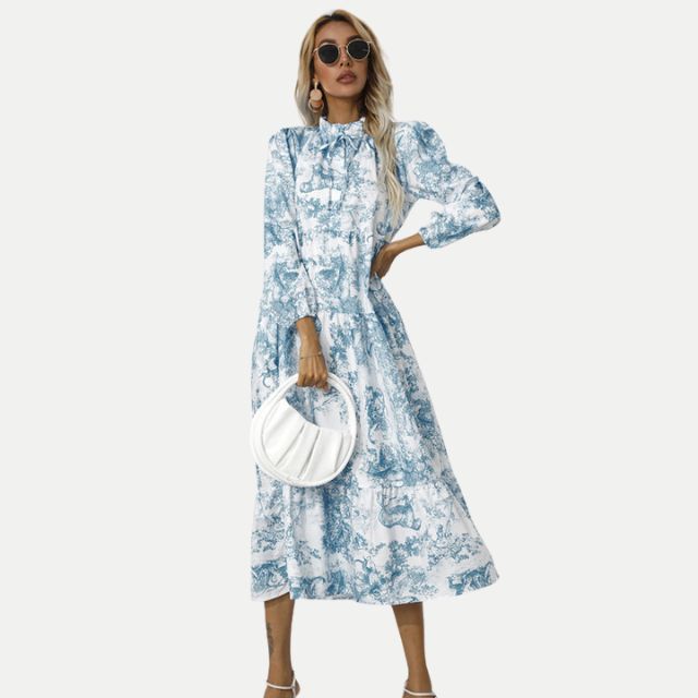 Toile-Druck Midi-Kleid mit hohem Kragen