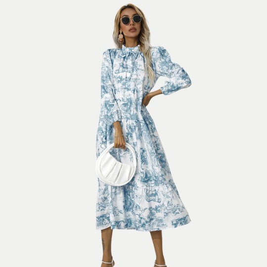 Toile-Druck Midi-Kleid mit hohem Kragen