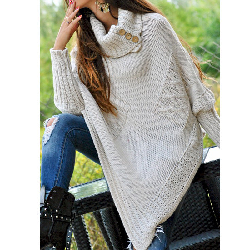 Damen modischer Strickpullover mit hohem Kragen und dekorativen Knöpfen Heidi-Mode