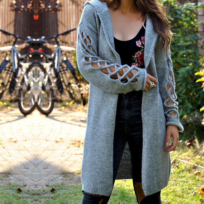 Damen gemütlicher Strickmantel mit offenen Ärmeln und aufregendem Lochdesign Heidi-Mode