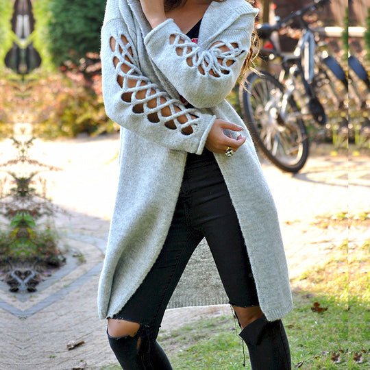 Damen gemütlicher Strickmantel mit offenen Ärmeln und aufregendem Lochdesign Heidi-Mode