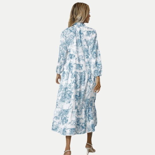 Toile-Druck Midi-Kleid mit hohem Kragen