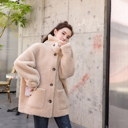 Damen kuscheliger Fleece Mantel mit hohen Kragen und Taschen Heidi-Mode