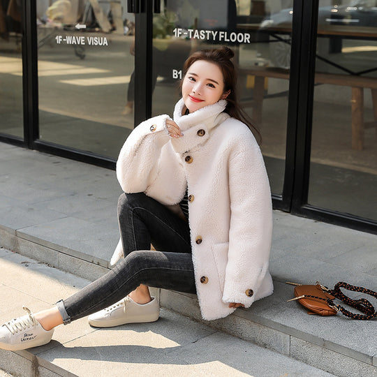 Damen kuscheliger Fleece Mantel mit hohen Kragen und Taschen Heidi-Mode