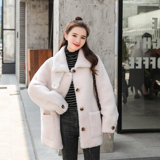 Damen kuscheliger Fleece Mantel mit hohen Kragen und Taschen Heidi-Mode