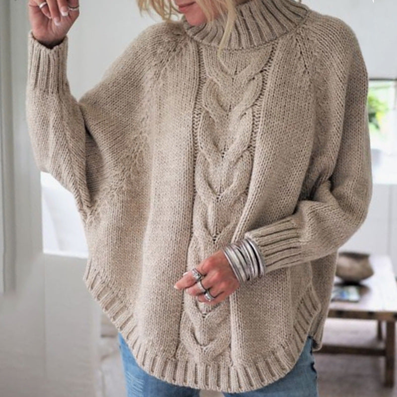 Damen Grobstrick Pullover mit hohem Kragen und dekorativem Zopfmuster Heidi-Mode