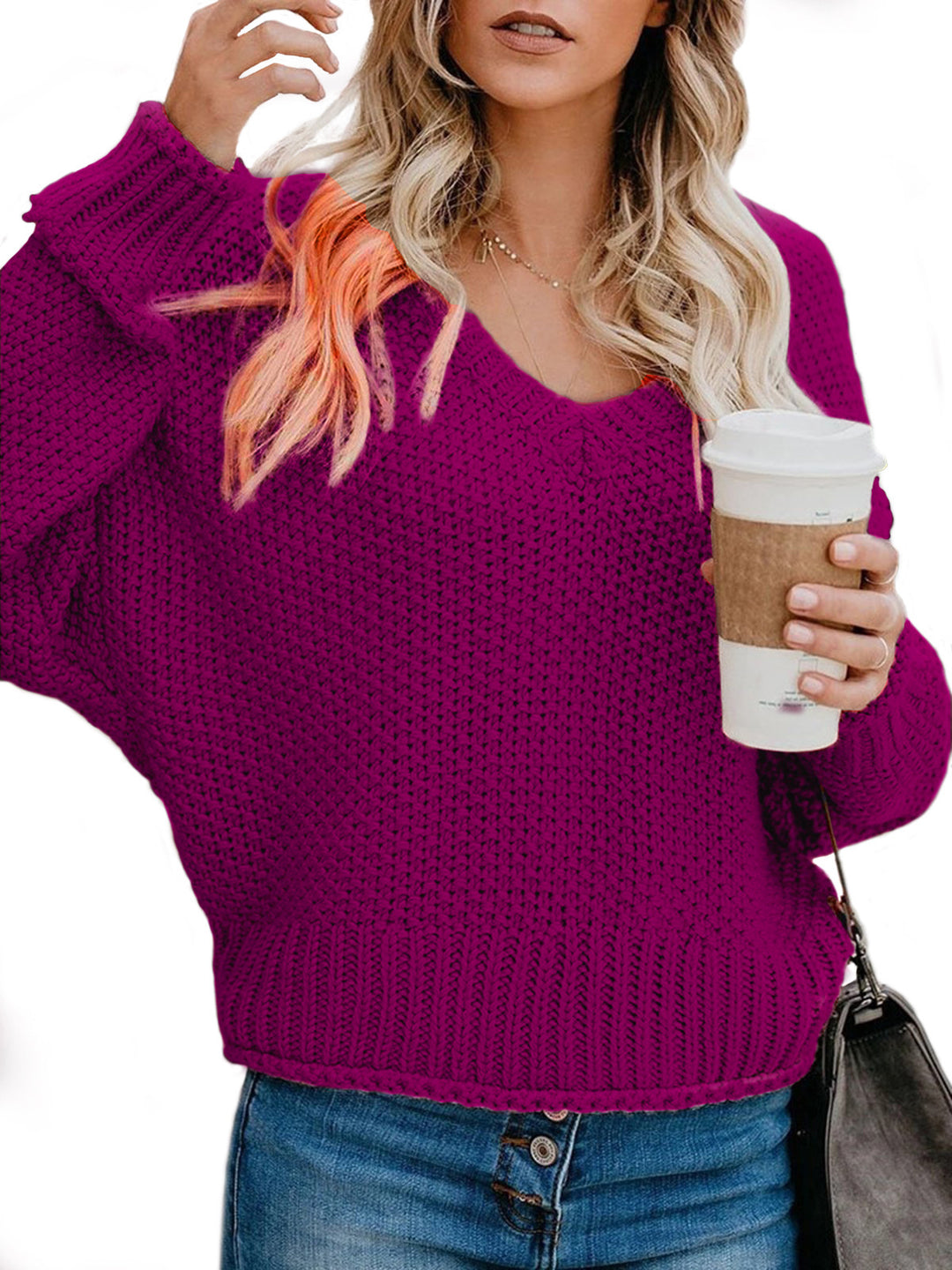 Damen lässiger Strickpullover mit V-Ausschnitt und weitem Schnitt Heidi-Mode