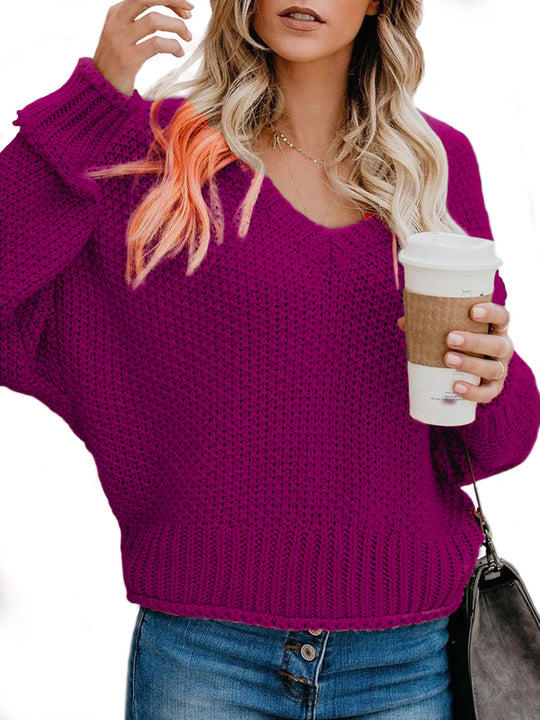 Damen lässiger Strickpullover mit V-Ausschnitt und weitem Schnitt Heidi-Mode