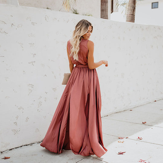 Exquisiter Hals ärmelloses Langes Modekleid