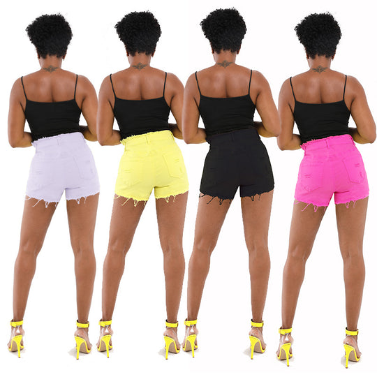Damen moderne Destroyed Denim-Shorts mit hohem Bund und fransigem Saum Heidi-Mode