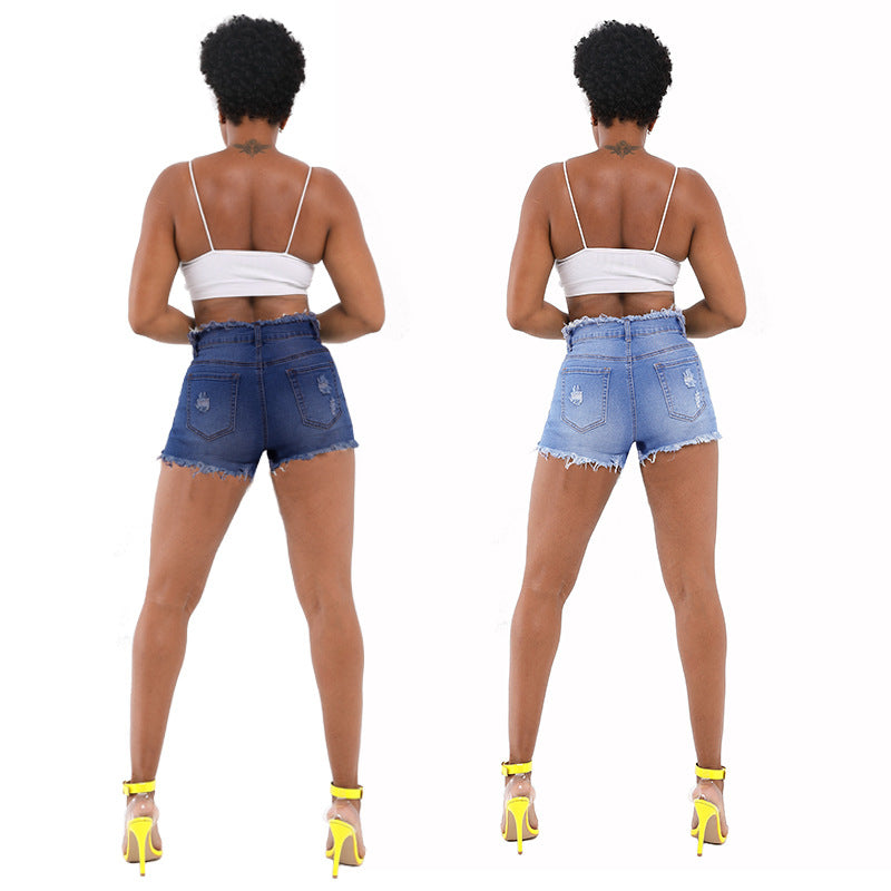 Damen moderne Destroyed Denim-Shorts mit hohem Bund und fransigem Saum Heidi-Mode