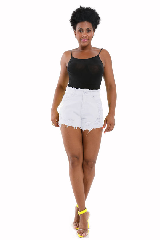 Damen moderne Destroyed Denim-Shorts mit hohem Bund und fransigem Saum Heidi-Mode