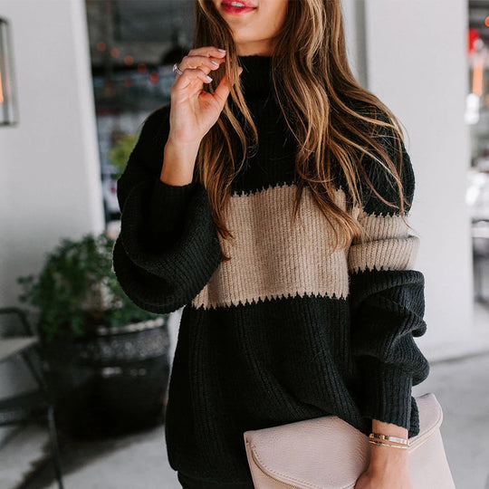 Damen Strickpullover mit farbenfrohem Blockdesign und hohem Kragen Heidi-Mode
