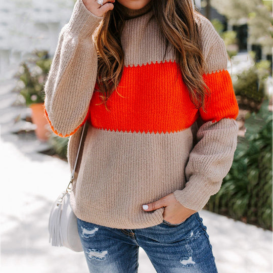 Damen Strickpullover mit farbenfrohem Blockdesign und hohem Kragen Heidi-Mode