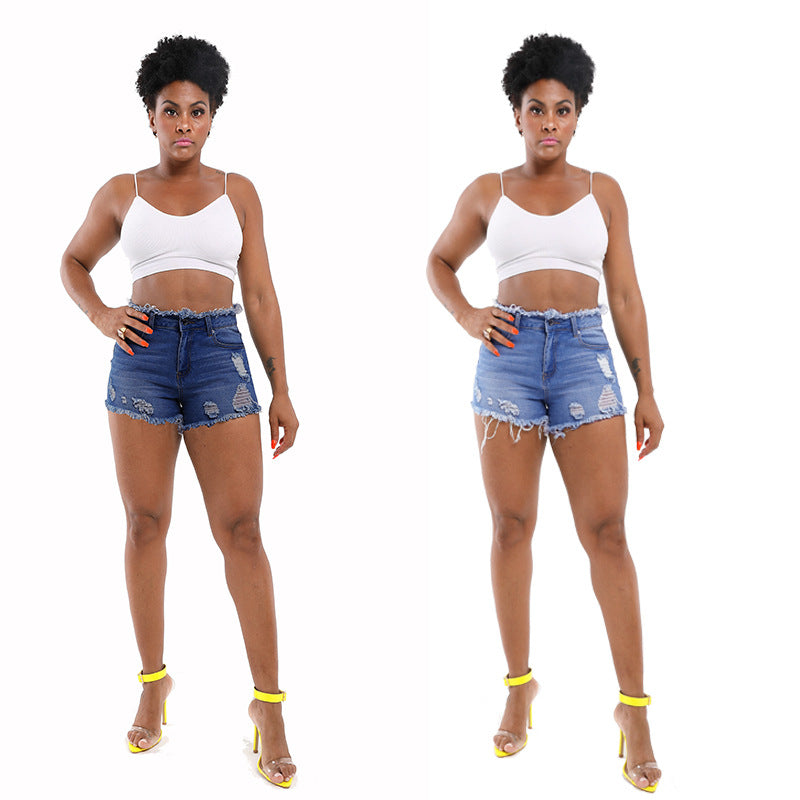 Damen moderne Destroyed Denim-Shorts mit hohem Bund und fransigem Saum Heidi-Mode