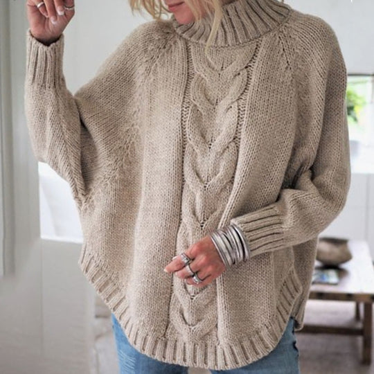Damen Grobstrick Pullover mit hohem Kragen und dekorativem Zopfmuster Heidi-Mode