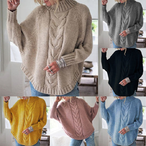 Damen Grobstrick Pullover mit hohem Kragen und dekorativem Zopfmuster Heidi-Mode