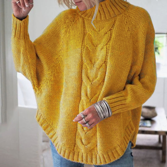Damen Grobstrick Pullover mit hohem Kragen und dekorativem Zopfmuster Heidi-Mode