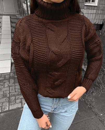 Damen Strickpullover mit Rollkragen und Zopfdesign Heidi-Mode