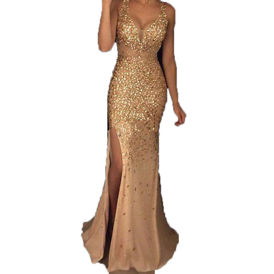 Damen Schimmerndes Abendkleid mit tiefem V-Ausschnitt und seitlichem Schlitz Heidi-Mode