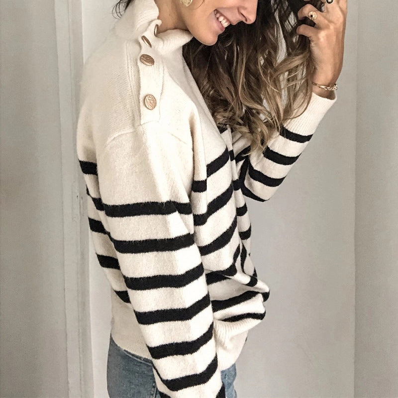 Damen lässiger Pullover mit modernem Stehkragen und dekorativen Knöpfen Heidi-Mode