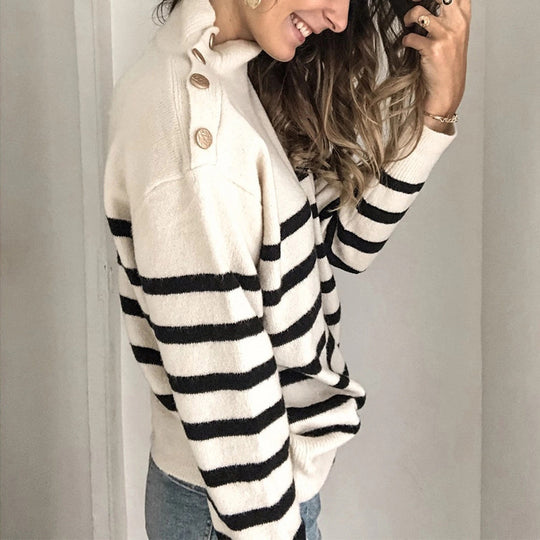 Damen lässiger Pullover mit modernem Stehkragen und dekorativen Knöpfen Heidi-Mode