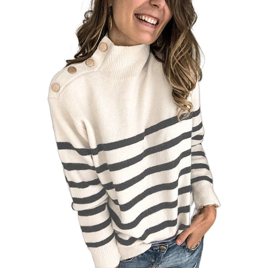 Damen lässiger Pullover mit modernem Stehkragen und dekorativen Knöpfen Heidi-Mode