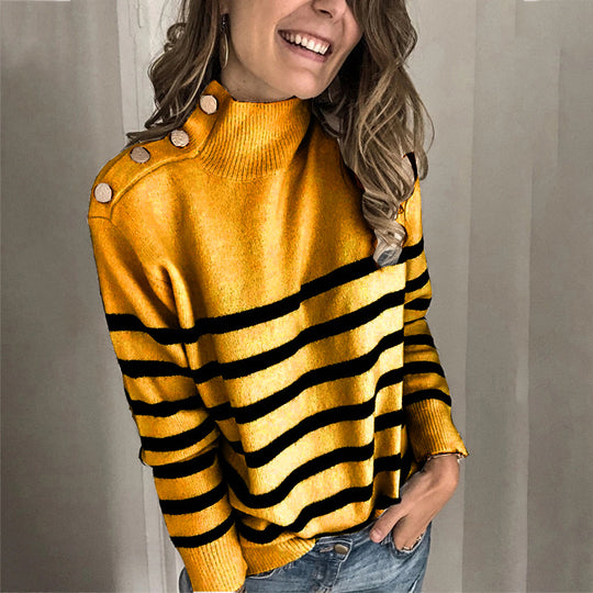 Damen lässiger Pullover mit modernem Stehkragen und dekorativen Knöpfen Heidi-Mode