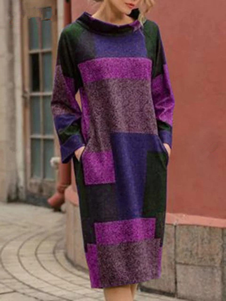 Damen Oversized Kleid mit geometrischem Patchwork-Design Heidi-Mode