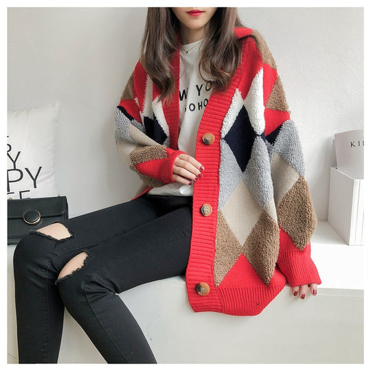 Damen Grobstrick Cardigan mit geometrischem Muster und großen Taschen Heidi-Mode